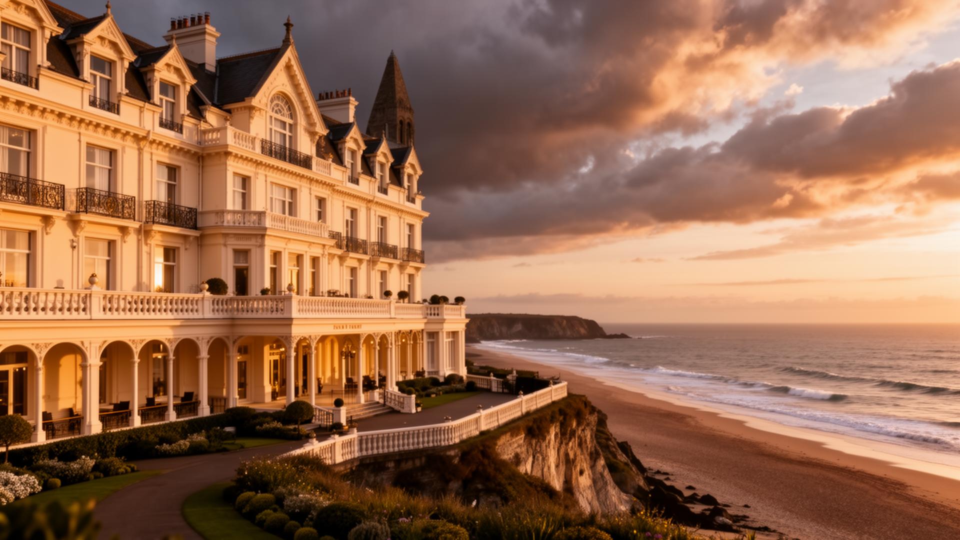 Seafront Hotel exterior at sunset